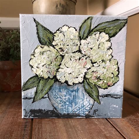 Hydrangea Painting 6 X 6 Canvas Art White Green Abstract Etsy In 2021