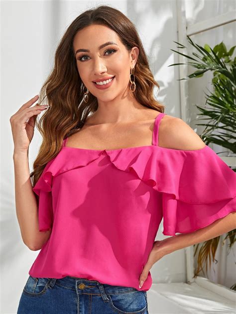 Shein Cold Shoulder Ruffle Detail Solid Top Hot Pink Blouses Tops Pink Flowy Top