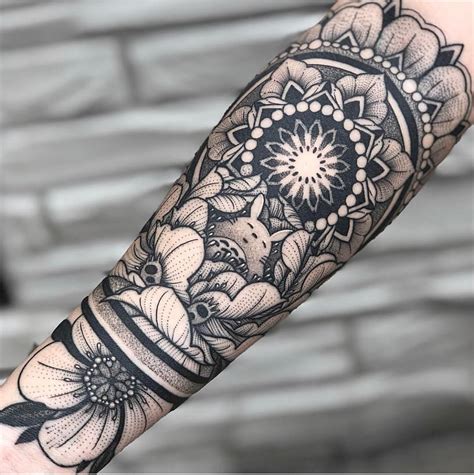 This Beautiful Black And Gray Mandala Forearm Tattoo Love The Flowers