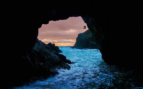 Download Sunset Sea Ocean Nature Cave Hd Wallpaper