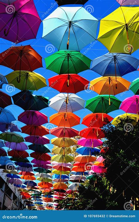 Colorful Umbrellas In The Sky Background Editorial Photography Image