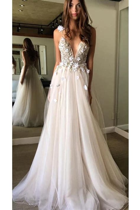 Spaghetti Straps Deep V Neck Backless Tulle Prom Dress With Flowers