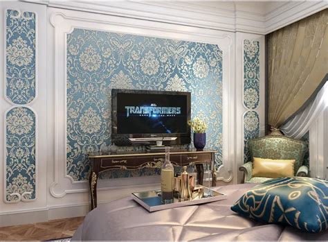 European Simple Luxury Beige Deep Blue Damask Wallpaper For Wall 3 D