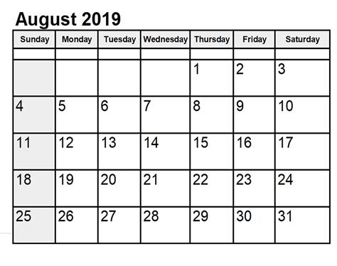 August 2019 Calendar Printable Template In Pdf Word E