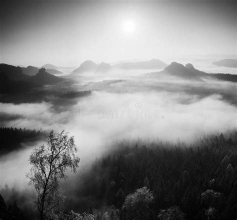 Autumn Sunrise In A Beautiful Mountain Within Inversion Peaks Of Hills