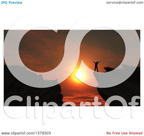 Clipart Of A Silhouetted Man Cheering On Top Of A 3d Mountain At Sunset