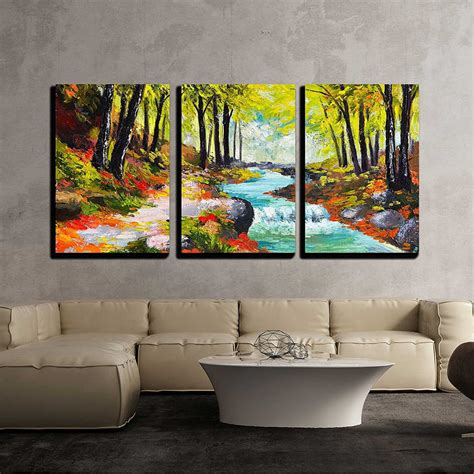 Wall26 3 Piece Canvas Wall Art Landscape Oil Painting River In