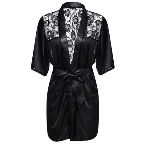 Sexy Lingerie Plus Size Satin Lace Black Kimono Intimate Sleepwear Robe Sexy Night Gown
