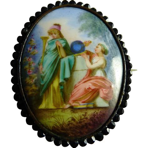 Antique Victorian Hand Painted Porcelain Pin Brooch Muses Classical