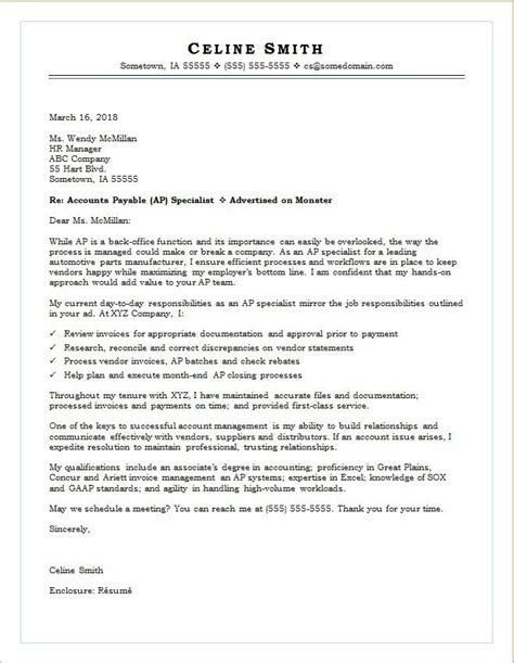 Resume cover letter sample for accounting position. Accounts Payable Cover Letter Sample | Monster.com