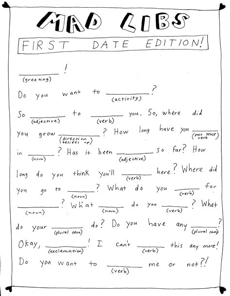 First Date Mad Lib Hallie Bateman First Date Adjectives Verbs Wedding Libs