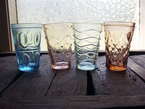 Set Of Four Pressed Glass Colored Drinking Glasses