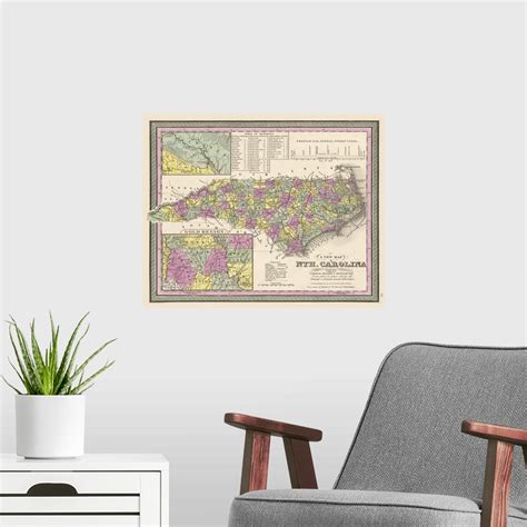 Vintage Map Of North Carolina With Its Poster Art Print Map Home