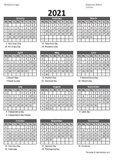 yearly business calendar  week number