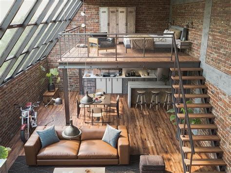Premium Photo Industrial Style Loft Apartment With Indoor Balcony 3d