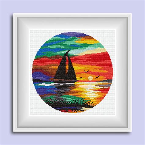 Cross Stitch Kit Sea Sunset Fancywork Set Diy Needlepoint Etsy