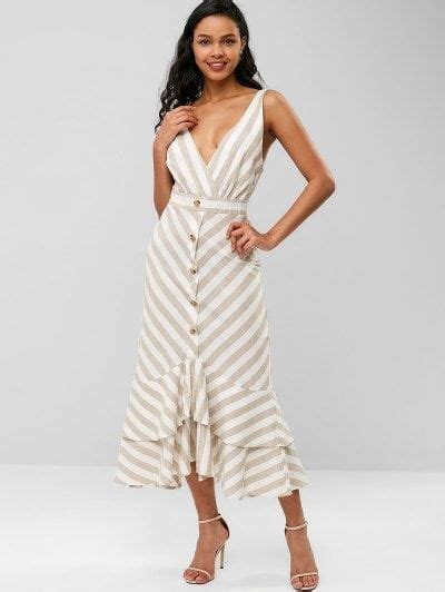 Striped Plunging Flounce Dress With Images Flounced Dress Dresses