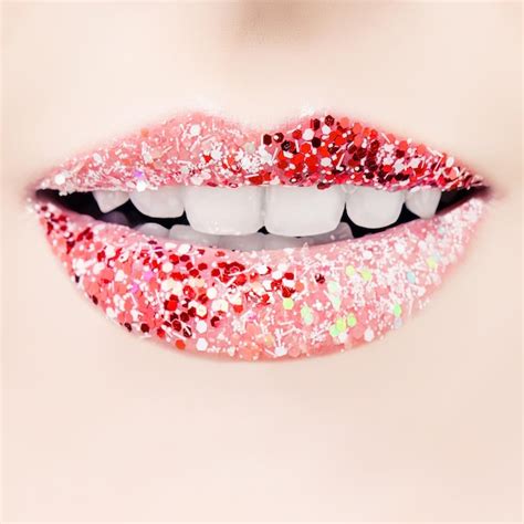 Premium Photo Red Lips With Glamorous Glitter Lipstick Makeup Closeup