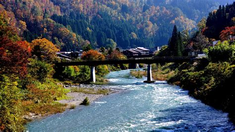Shirakawa Go Japan Village River Bridge Mountain Trees Wallpaper Travel And World