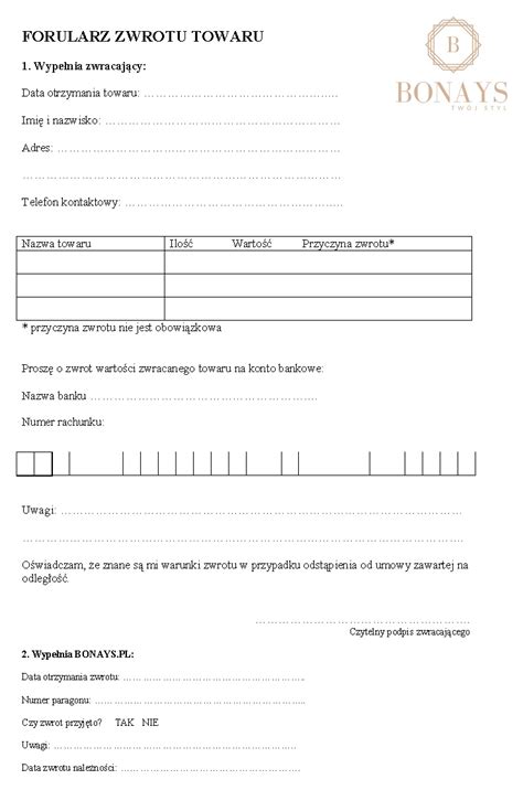 Zwroty i reklamacje - Bonays.pl - Bonays.pl