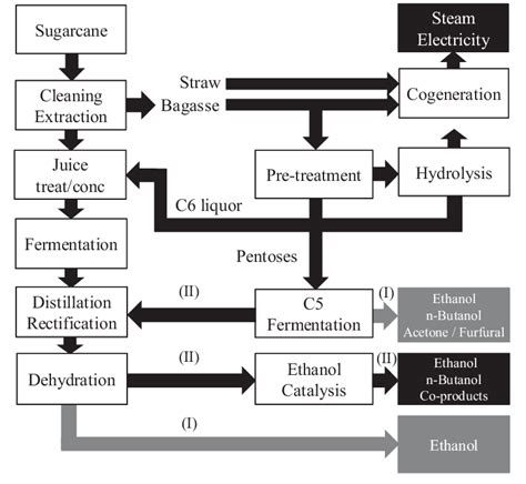 Block flow diagram of a sugarcane ethanol plant with ...