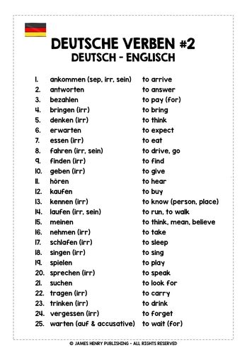 German Verbs Reference List 2 Teaching Resources