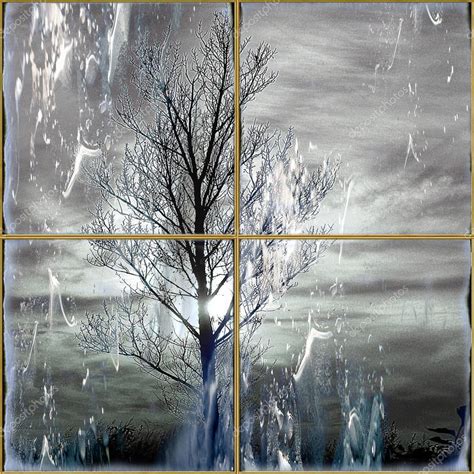 Nostalgic Winter View From A Window On The Lonely Bare Tree — Stock