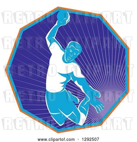 Vector Clip Art Of Retro Male Handball Player Jumping And Preparing To