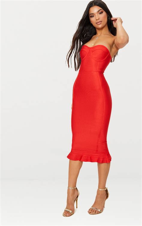 Red Bandage Frill Hem Midi Dress Dresses Prettylittlething Usa