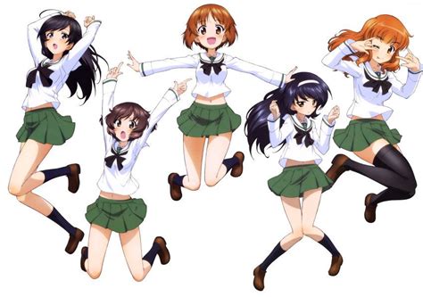 5girls D Q Absurdres Ahoge Akiyama Yukari Arms Up Black Hair Black Legwear Blue Legwear Brown