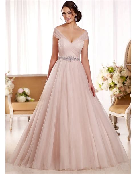Elegant Blush Pink Cap Sleeve Wedding Dress A Line Plus Size Crystal 2016 See Through Bridal