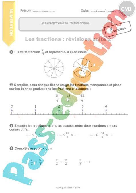 Lire et représenter les fractions simples Suite CM Exercices avec correction PDF à