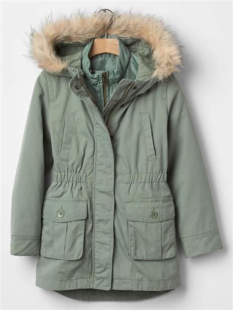 Gap Kids Girls 3 In 1 Faux Fur Green Parka Anorak Coat Jacket Xs 4 5