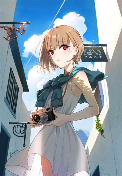 Wallpaper Illustration Anime Girls Short Hair Brunette Camera