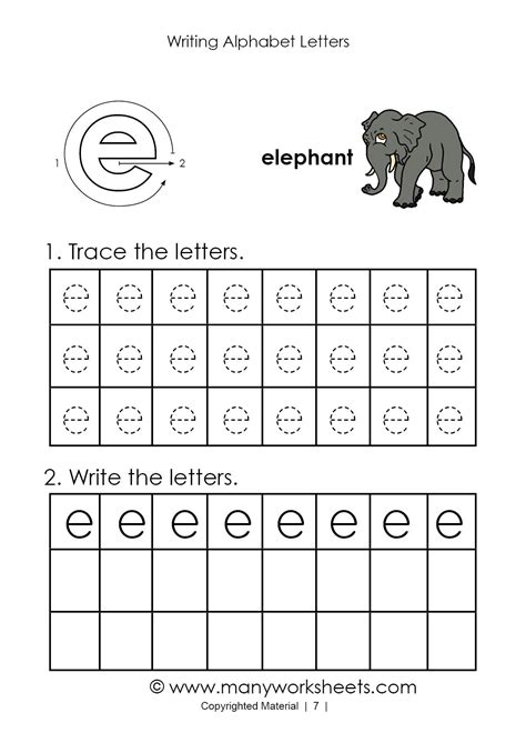 Tracing and handwriting letter e practice worksheets.