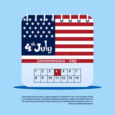 Calendar Page 4th July United States Independence Day Holiday Stock
