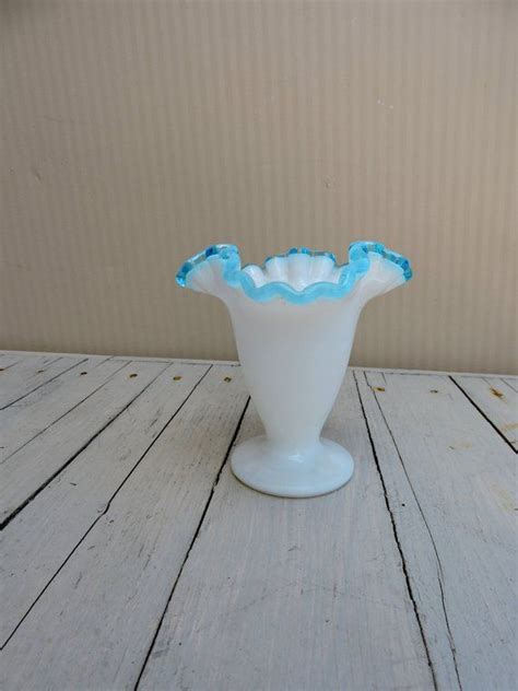 Vintage Fenton White Milk Glass With Blue Ruffled Trim Vase Etsy White Milk Glass Milk