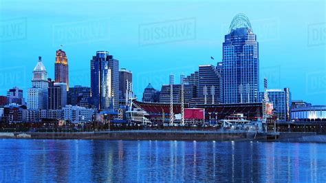 Cincinnati Ohio Skyline At Twilight With Reflections Stock Photo