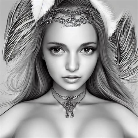 Hyper Realistic Portrait Of Sexy Woman Having A Feather Cap A