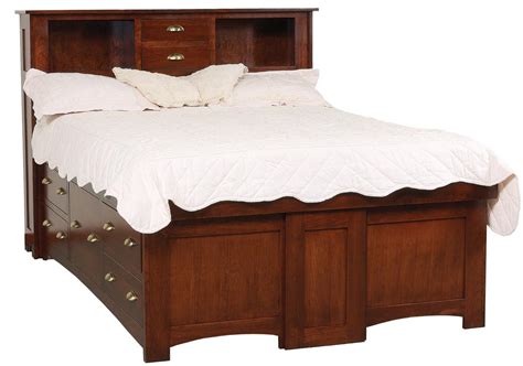 King Solid Wood Pedestal Bed With 10 Drawers And Bookcase Headboard By