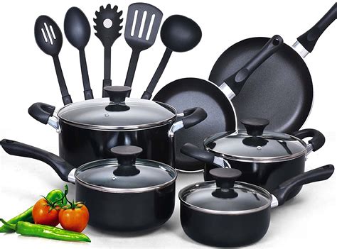 Cook N Home 15 Piece Nonstick Stay Cool Handle Cookware Set Black