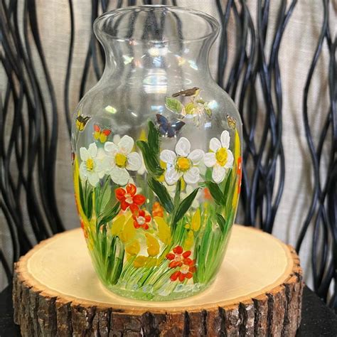 Clear Painted Vase With Yellow Flowers Art Among The Flowers Palm