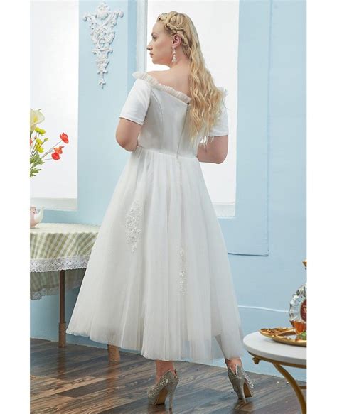 Plus Size Tea Length Tulle Outdoor Wedding Dress With Off Shoulder