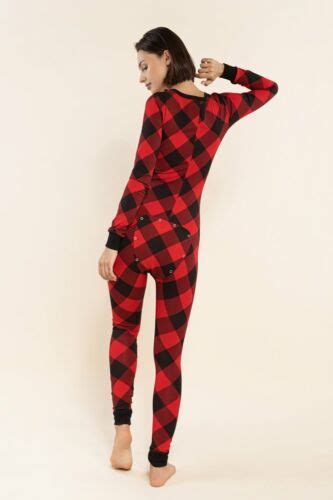 sexy pyjama jumpsuit with butt flap ladies sleepsuit onezee black red checkered ebay