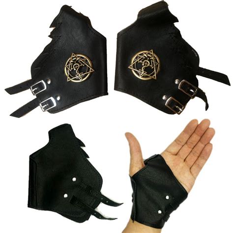 Top Anime Full Metal Alchemist Logo Punk Black Leather Glove Cosplay