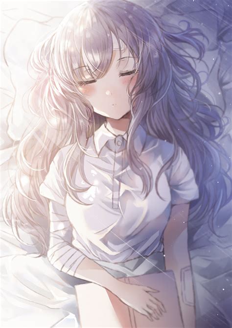 Safebooru 1girl Absurdres Bandages Bandaid Bed Bed Sheet Blush Breasts Closed Eyes Grey Hair