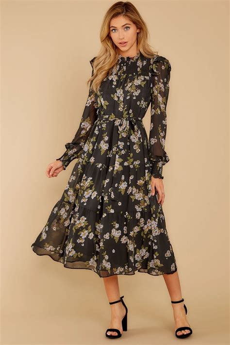 Giving My All Black Floral Print Midi Dress Floral Print Midi Dress
