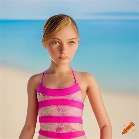 beautiful tween girl at the beach real life super detailed enhanced morphs into barbie on craiyon