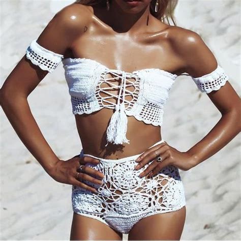 Crochet Off Shoulder Bikini Set White M Swimwear Strapless