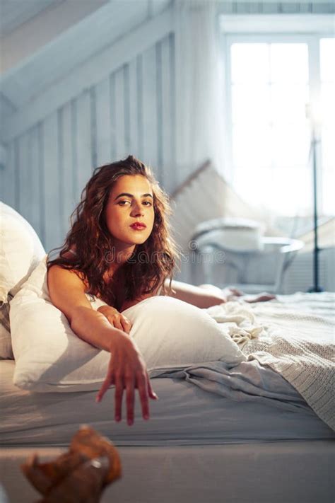 Young Pretty Lady Girl Posing In Vintage Hotel Bedroom Interior Lifestyle Rich People Concept